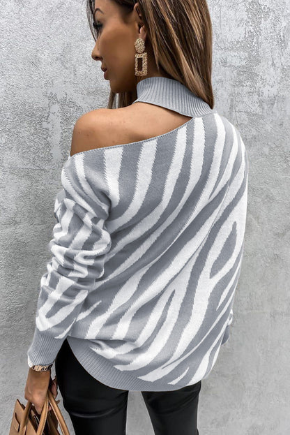 Khaki Zebra Print Mock Neck Cold Shoulder Sweater