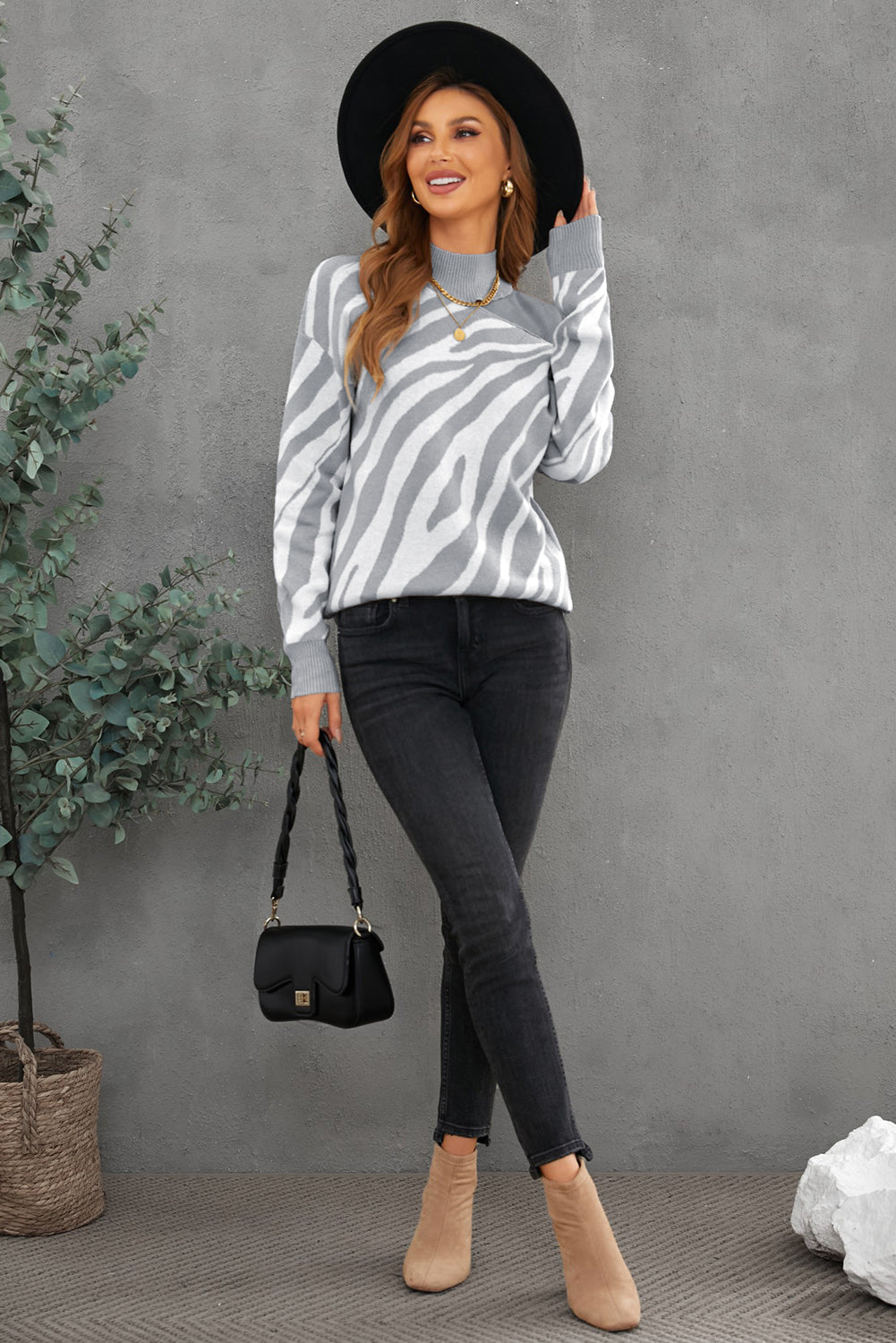 Khaki Zebra Print Mock Neck Cold Shoulder Sweater