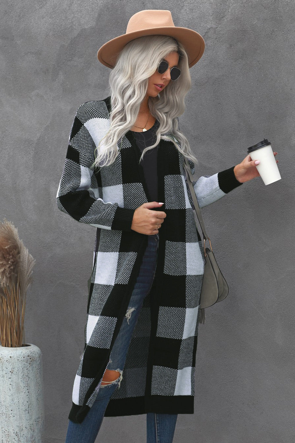 Board Games Pocketed Checkered Cardigan