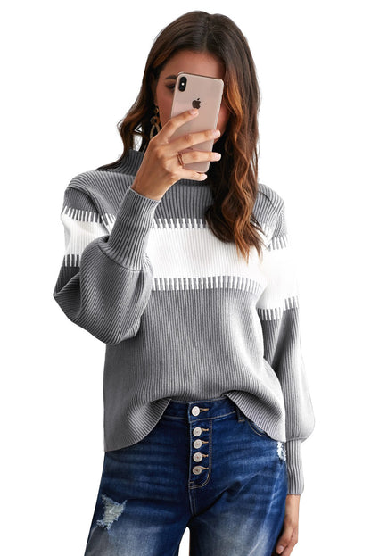 Brown Color Block High Neck Pullover Sweater