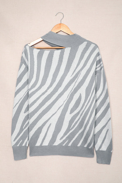 Khaki Zebra Print Mock Neck Cold Shoulder Sweater