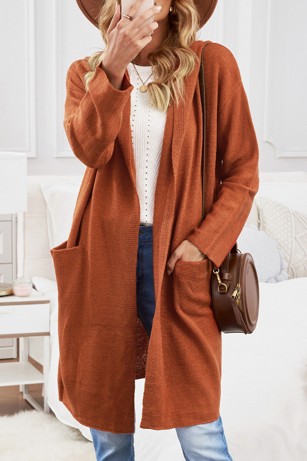 Gray Black/Gray/Brown Open Front Hooded Sweater Cardigan