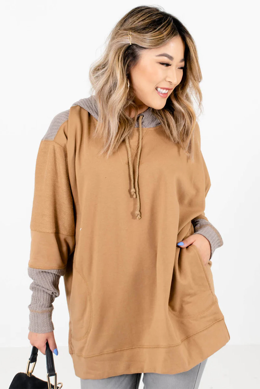 Camel Contrast Hood Patchwork Pocketed Baggy Sweatshirt