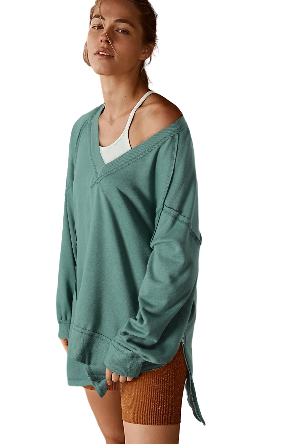 Green High Low Exposed Seam V Neck Loose Sweatshirt