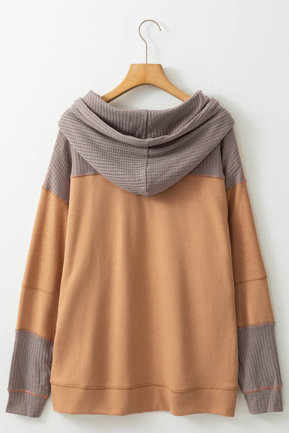 Camel Contrast Hood Patchwork Pocketed Baggy Sweatshirt