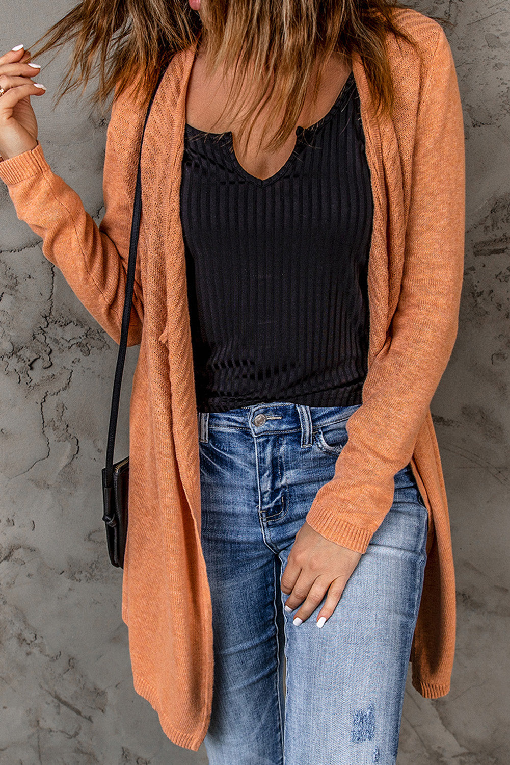 Orange Ribbed Open Front Knit Cardigan