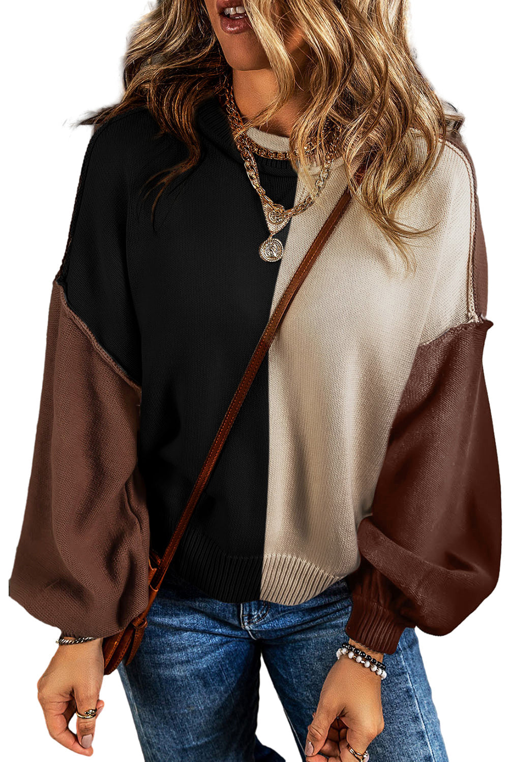 Chicory Coffee Color Block Exposed Seam Loose Fit Sweater