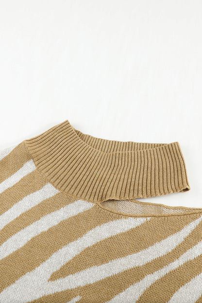 Khaki Zebra Print Mock Neck Cold Shoulder Sweater