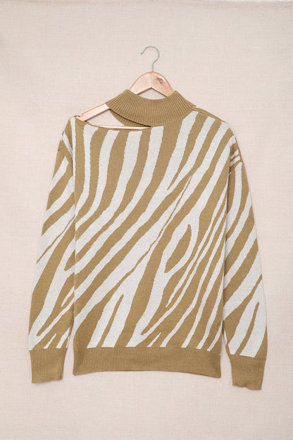 Khaki Zebra Print Mock Neck Cold Shoulder Sweater