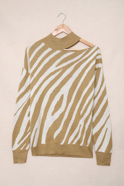 Khaki Zebra Print Mock Neck Cold Shoulder Sweater