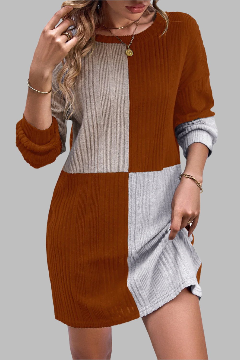 Jungle Green Ribbed Color Block Drop Shoulder Long Sleeve Mini Dress