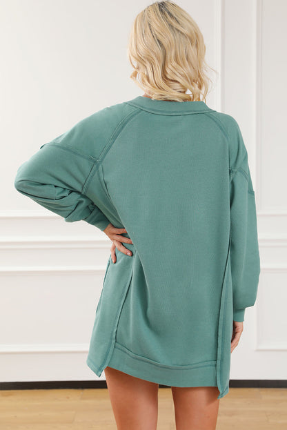 Green High Low Exposed Seam V Neck Loose Sweatshirt