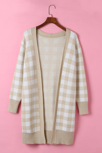 Khaki Open Front Plaid Long Cardigan