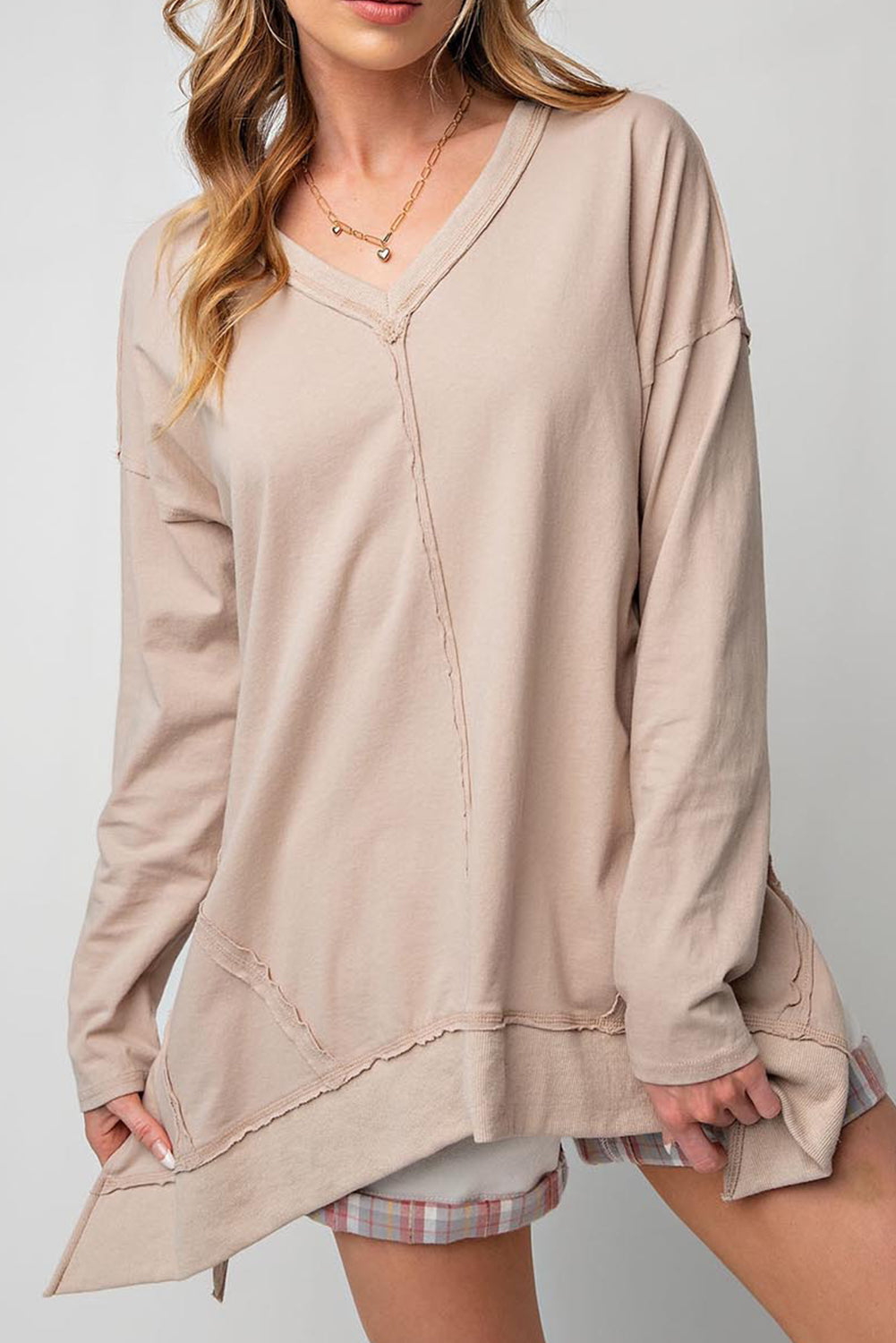 Apricot Exposed Seam V Neck Split Hem Tunic Top