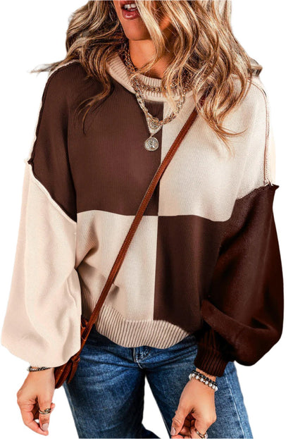 Chicory Coffee Contrast Color Exposed Seam Drop Shoulder Sweater