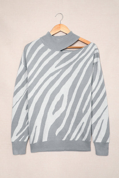 Khaki Zebra Print Mock Neck Cold Shoulder Sweater