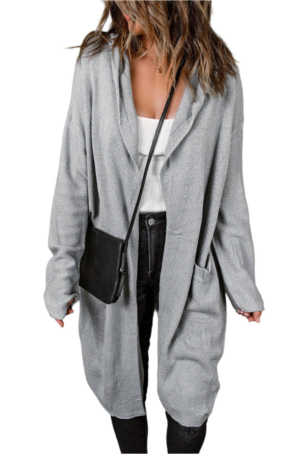 Gray Black/Gray/Brown Open Front Hooded Sweater Cardigan