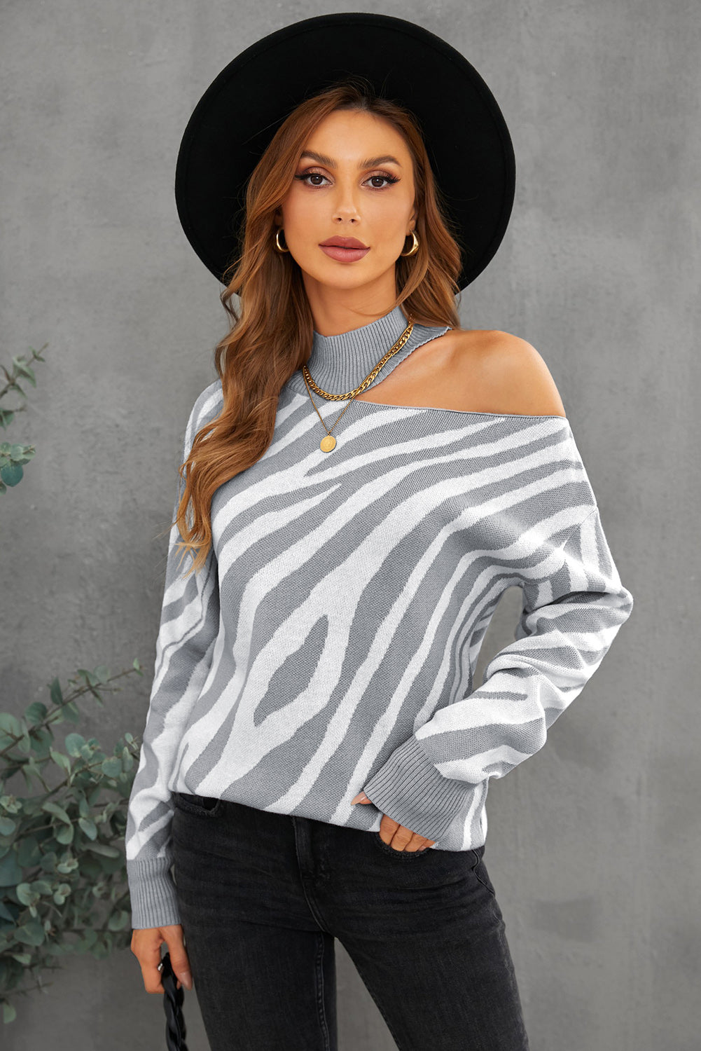 Khaki Zebra Print Mock Neck Cold Shoulder Sweater