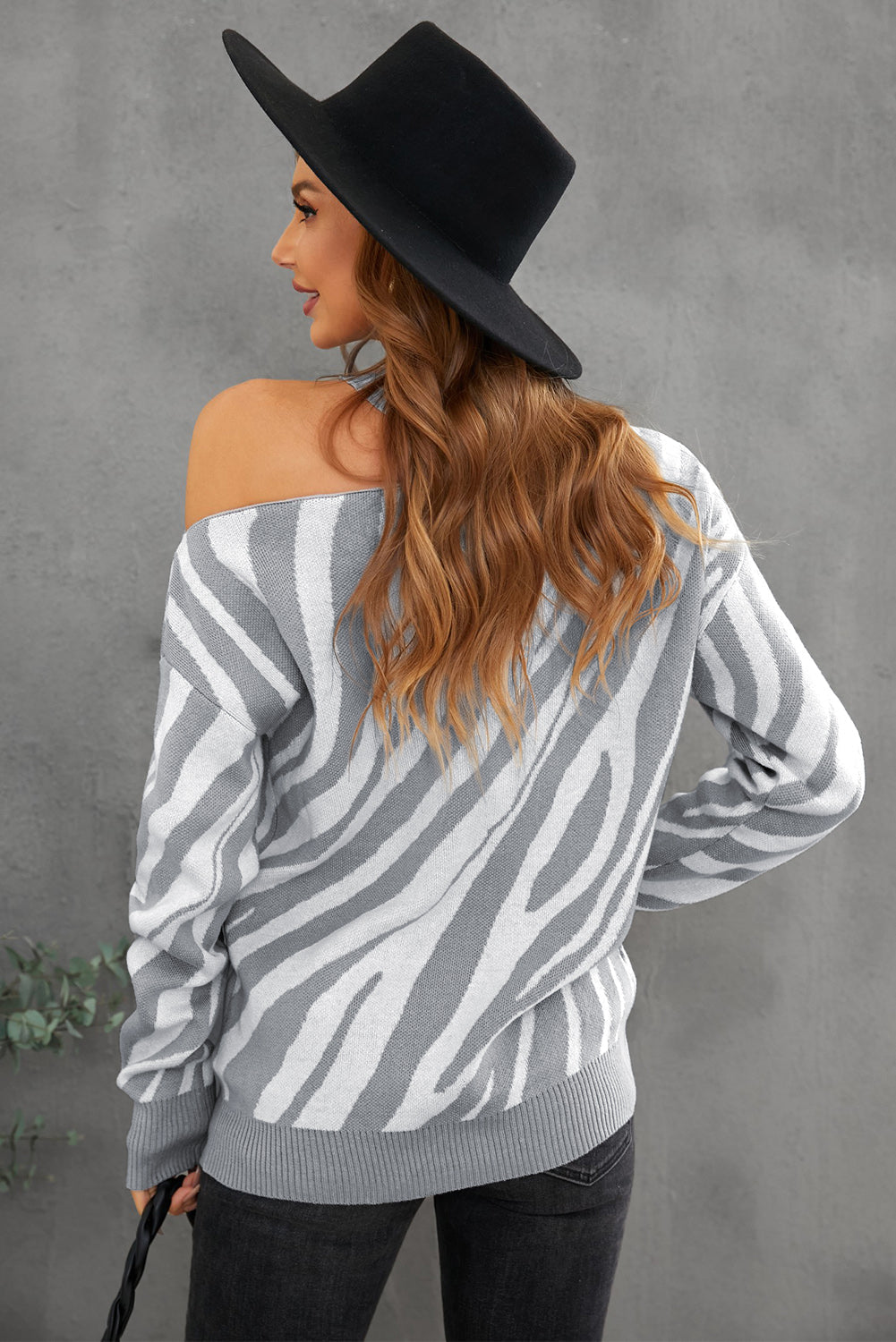 Khaki Zebra Print Mock Neck Cold Shoulder Sweater