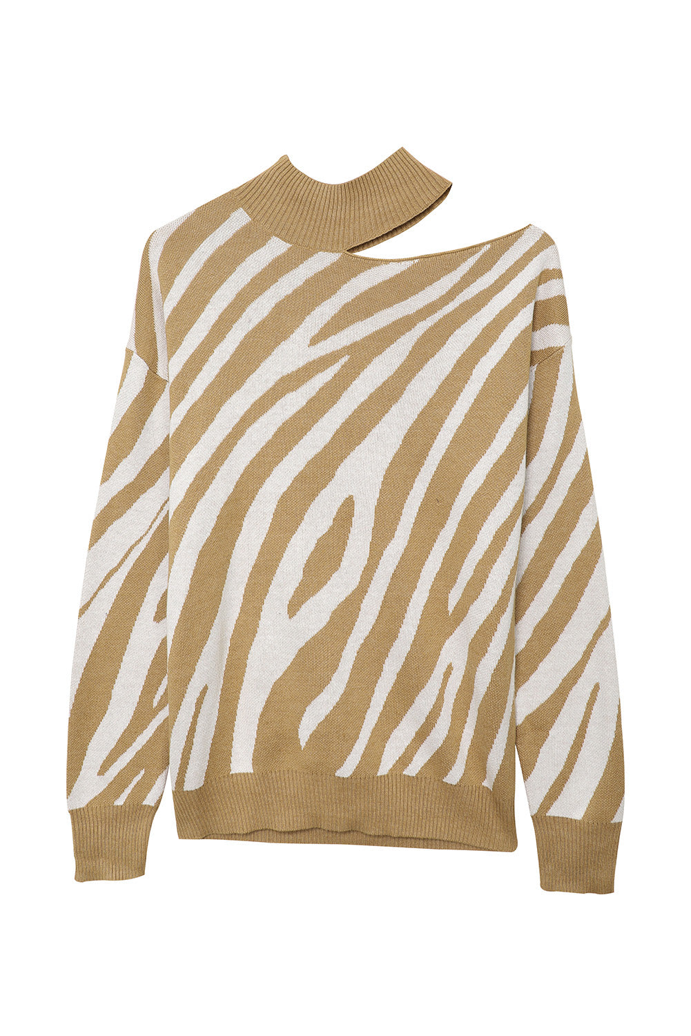 Khaki Zebra Print Mock Neck Cold Shoulder Sweater