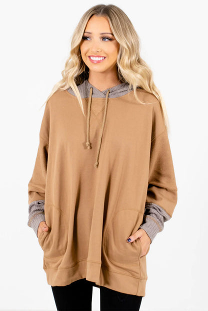 Camel Contrast Hood Patchwork Pocketed Baggy Sweatshirt