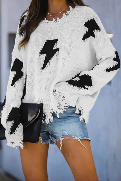 White Distressed Knit Bolt Sweater