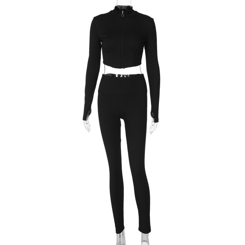 Women Clothing Winter Sexy Cropped Long Sleeve Top Slim Fit Yoga Pants Suit