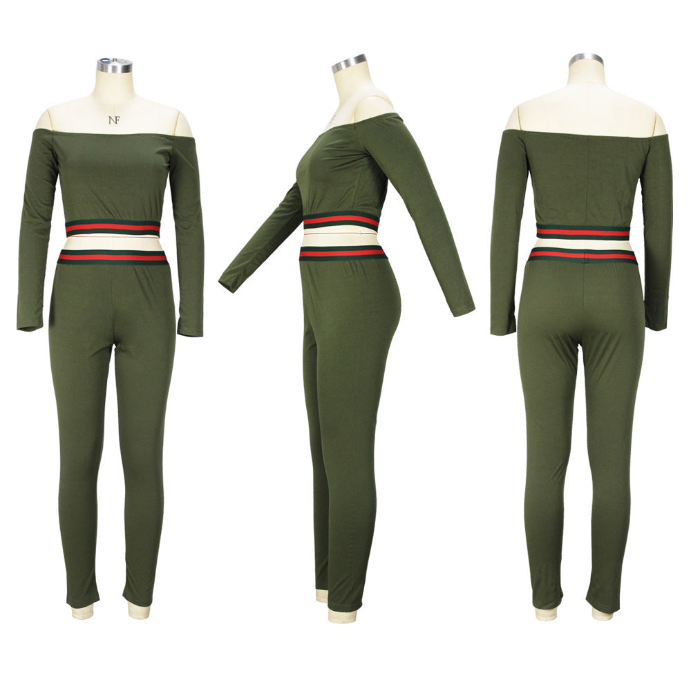 Autumn Winter off Shoulder Suit Solid Color Striped Waist Trimming Casual Sports two piece set