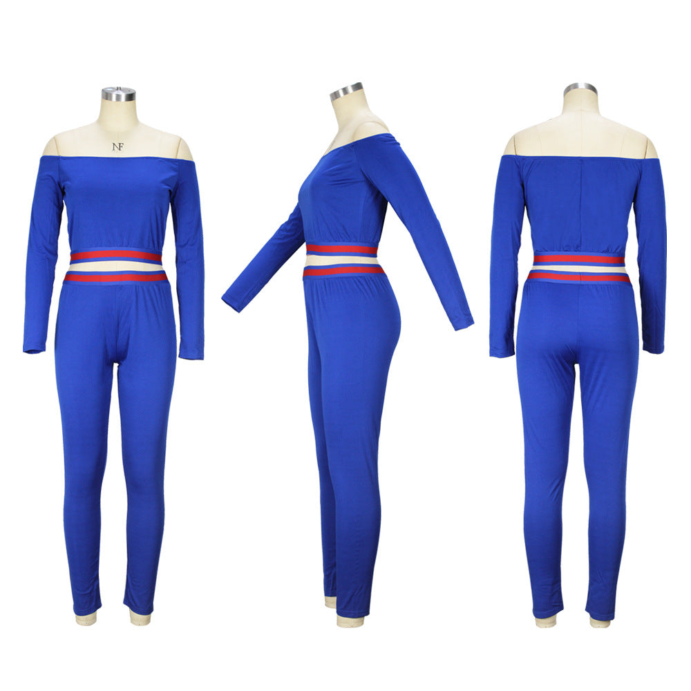 Autumn Winter off Shoulder Suit Solid Color Striped Waist Trimming Casual Sports two piece set