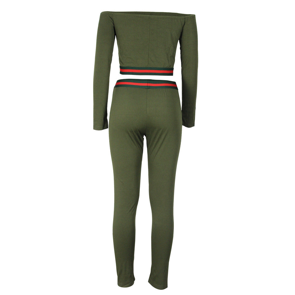 Autumn Winter off Shoulder Suit Solid Color Striped Waist Trimming Casual Sports two piece set