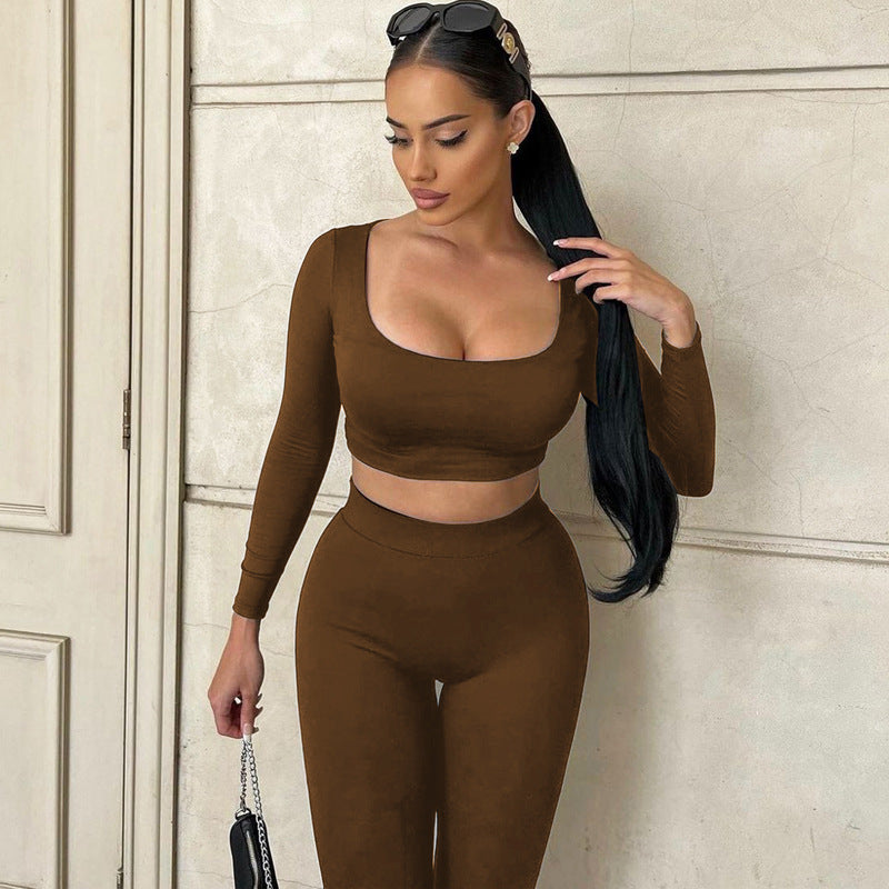 Women Clothing Autumn Solid Color Long Sleeve U Collar Two Piece Set Slim Fit Suit Women