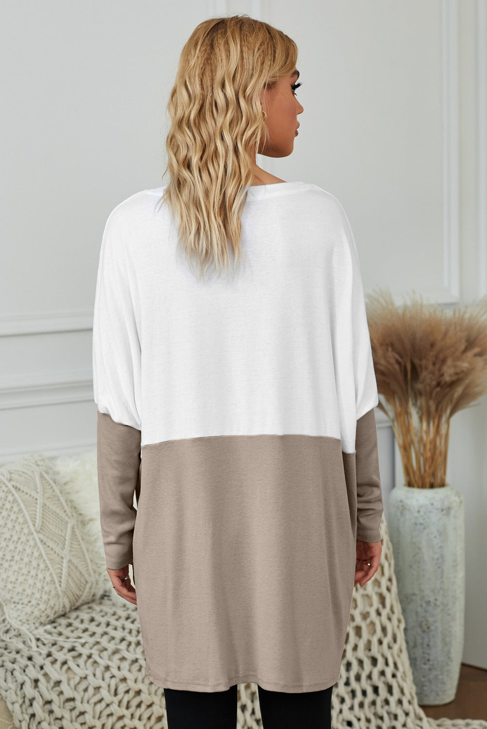 Gray Colorblock Casual Long Sleeve Tunic with Pockets