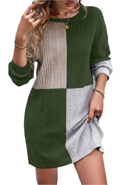 Jungle Green Ribbed Color Block Drop Shoulder Long Sleeve Mini Dress