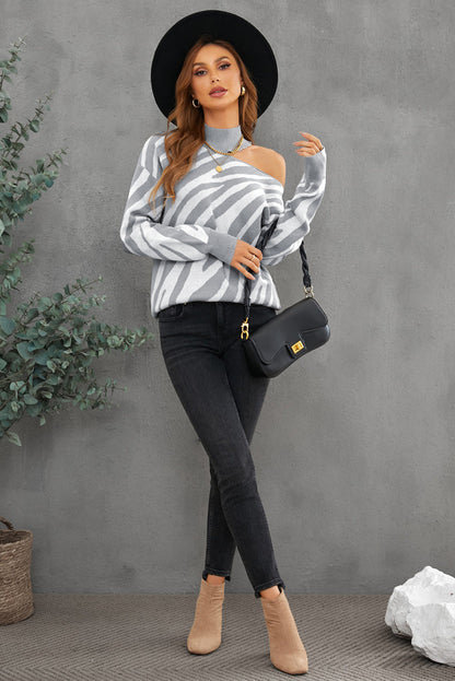 Khaki Zebra Print Mock Neck Cold Shoulder Sweater