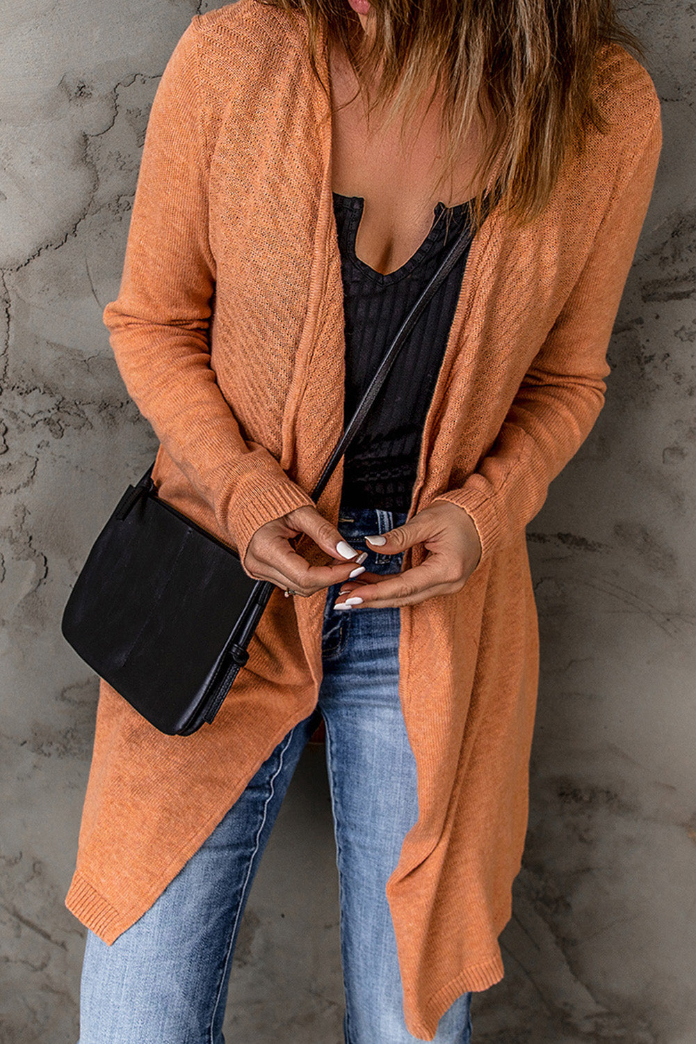 Orange Ribbed Open Front Knit Cardigan