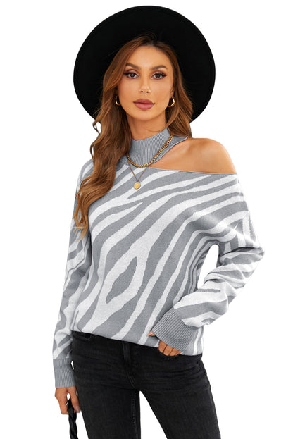 Khaki Zebra Print Mock Neck Cold Shoulder Sweater