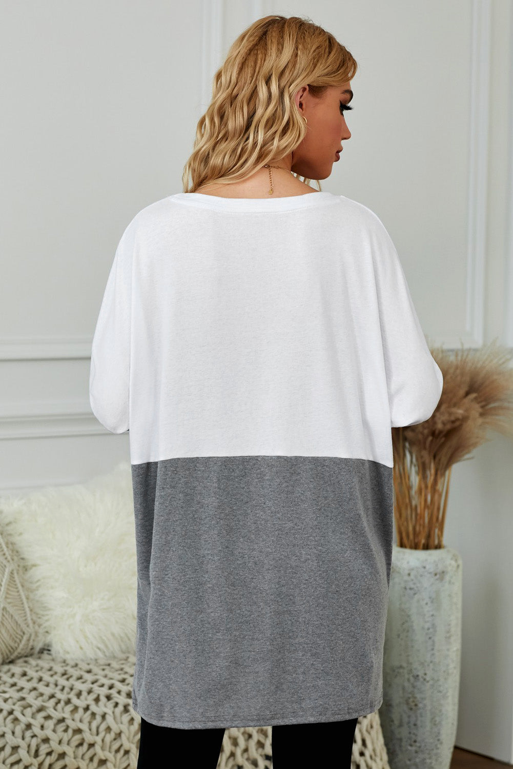 Gray Colorblock Casual Long Sleeve Tunic with Pockets