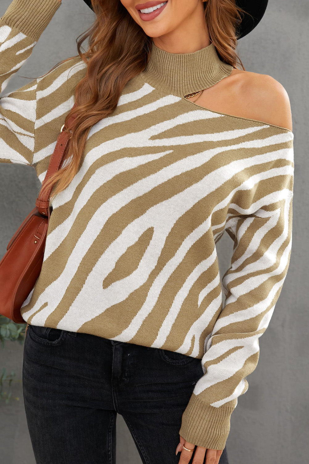 Khaki Zebra Print Mock Neck Cold Shoulder Sweater