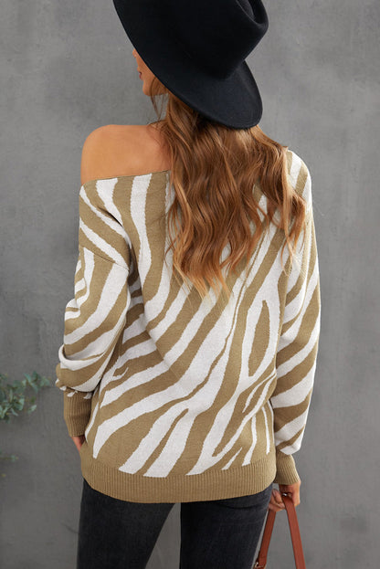 Khaki Zebra Print Mock Neck Cold Shoulder Sweater