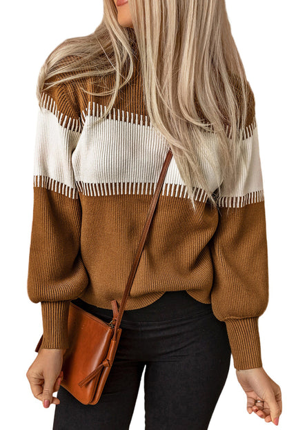 Brown Color Block High Neck Pullover Sweater