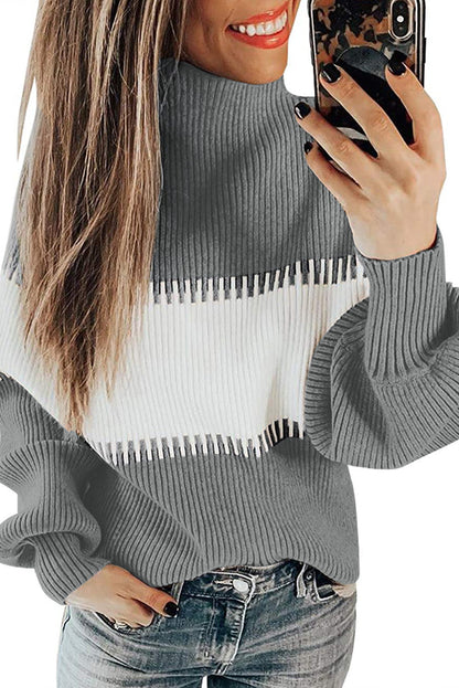 Brown Color Block High Neck Pullover Sweater