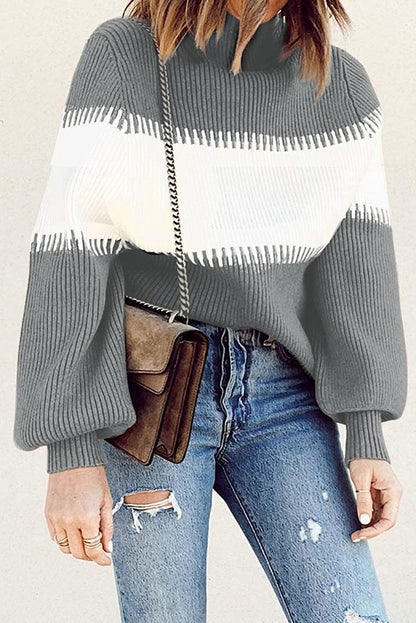 Brown Color Block High Neck Pullover Sweater