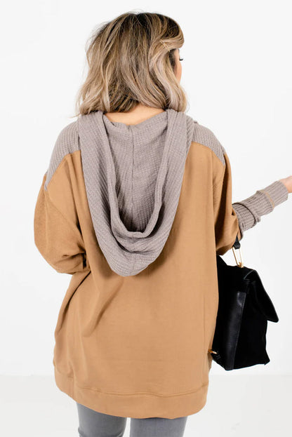 Camel Contrast Hood Patchwork Pocketed Baggy Sweatshirt