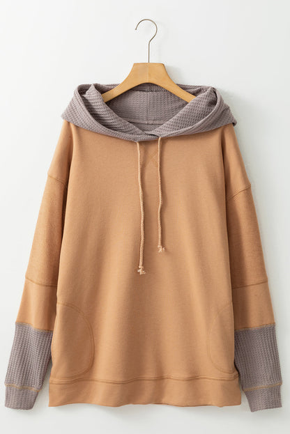 Camel Contrast Hood Patchwork Pocketed Baggy Sweatshirt