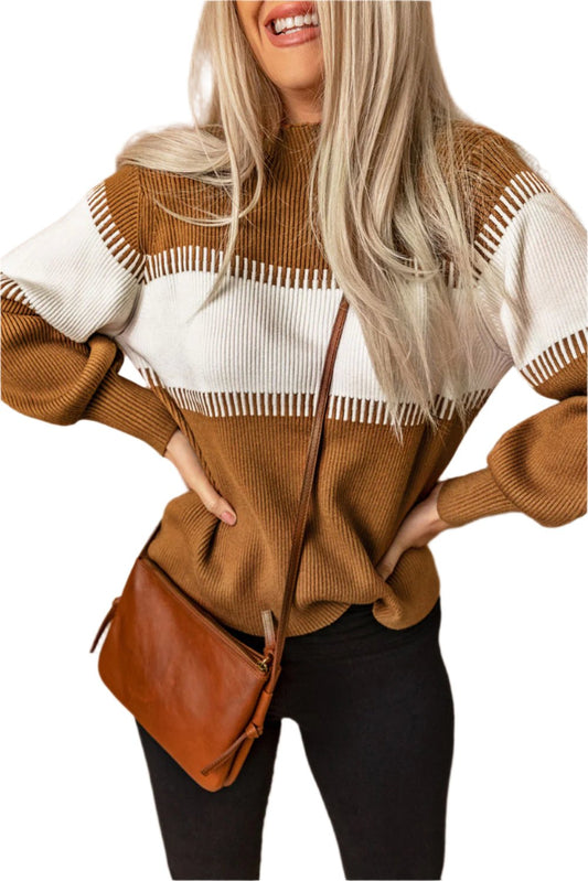 Brown Color Block High Neck Pullover Sweater