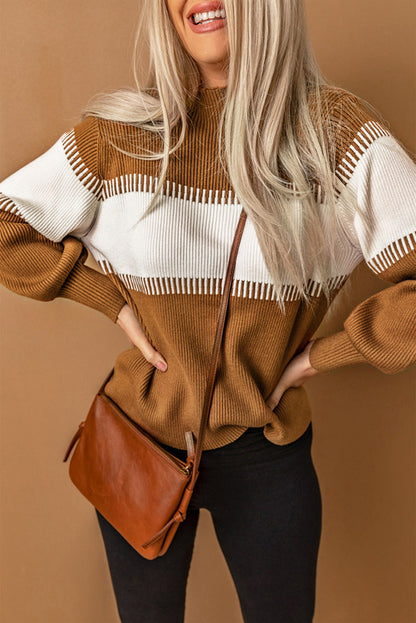 Brown Color Block High Neck Pullover Sweater