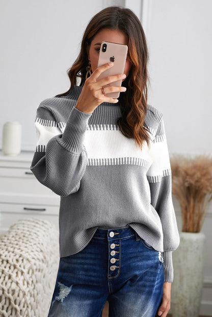 Brown Color Block High Neck Pullover Sweater